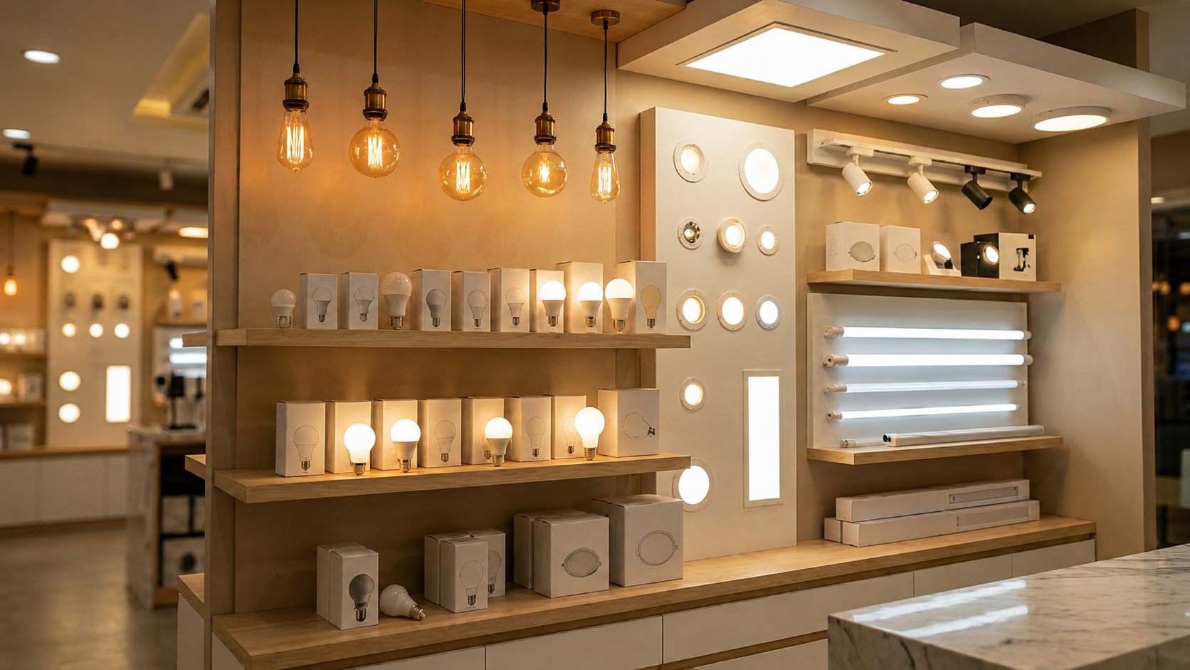 LED panels, pendant and decorative lights on display in our Karnpura showroom