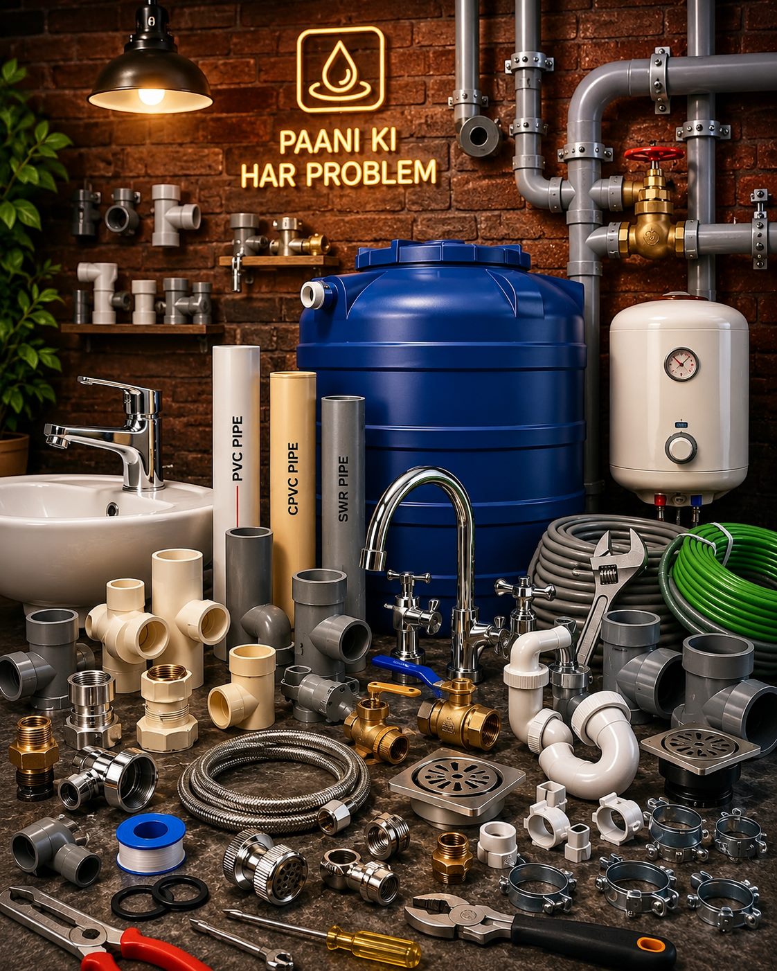 Plumbing workshop with water tanks, PVC pipes, Jaquar fittings, faucets and geysers